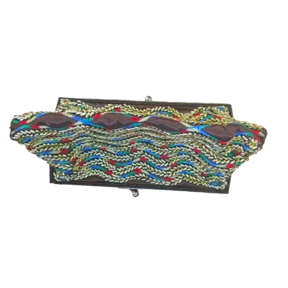 Cocktail Party Clutch Purse Beaded Rainbow Embroidered Silver Chain Strap Vtg